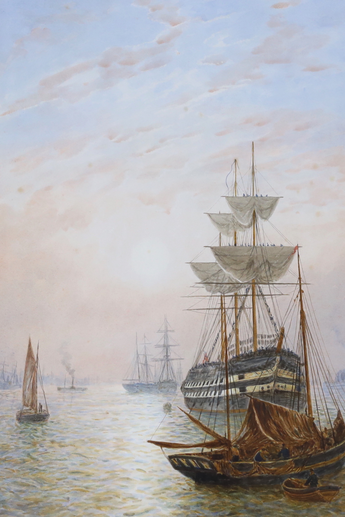 Bernard Benedict Hemy (British, 1844-1910), pair of watercolours, Frigates and fishing boats at anchor, each signed 52 x 36cm